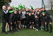 2 November 2023; Goalkeeper Alan Mannus, centre, poses for a photograph with team-mates and staff during a Shamrock Rovers media conference at Roadstone Group Sports Club in Dublin. Photo by Tyler Miller/Sportsfile