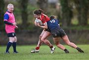 1 November 2023; Lillian Brady of North East in action against Brianna Brannock of North Midlands during the BearingPoint Sarah Robinson Cup round two match between North East and North Midlands at Mullingar RFC in Mullingar, Westmeath. Photo by Piaras Ó Mídheach/Sportsfile