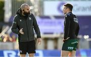 28 October 2023; Connacht defence coach Scott Fardy, left, and Tom Farrell before the United Rugby Championship match between Connacht and Glasgow Warriors at The Sportsground in Galway. Photo by Ramsey Cardy/Sportsfile