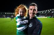 3 November 2023; Aaron Greene of Shamrock Rovers with his daughter Harper before the SSE Airtricity Men's Premier Division match between Shamrock Rovers and Sligo Rovers at Tallaght Stadium in Dublin. Photo by Seb Daly/Sportsfile