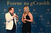 3 November 2023; Meghan Doherty of Down  is interviewed by MC Marty Morrissey during the 2023 TG4 Teams of the Championship awards night at Croke Park in Dublin. Photo by Sam Barnes/Sportsfile