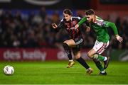 3 November 2023; Dylan Connolly of Bohemians in action against Conor Drinan of Cork City during the SSE Airtricity Men's Premier Division match between Bohemians and Cork City at Dalymount Park in Dublin. Photo by Tyler Miller/Sportsfile