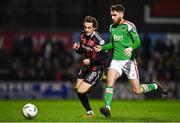 3 November 2023; Dylan Connolly of Bohemians in action against Conor Drinan of Cork City during the SSE Airtricity Men's Premier Division match between Bohemians and Cork City at Dalymount Park in Dublin. Photo by Tyler Miller/Sportsfile
