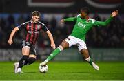 3 November 2023; Bartlomiej Kukulowwicz of Bohemians in action against Malik Dijksteel of Cork City during the SSE Airtricity Men's Premier Division match between Bohemians and Cork City at Dalymount Park in Dublin. Photo by Tyler Miller/Sportsfile