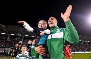 3 November 2023; Graham Burke of Shamrock Rovers with his daughter Posie before the SSE Airtricity Men's Premier Division match between Shamrock Rovers and Sligo Rovers at Tallaght Stadium in Dublin. Photo by Stephen McCarthy/Sportsfile
