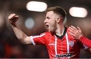 3 November 2023; Brandon Kavanagh of Derry City celebrates his side's first goal, scored by Cameron McJannet, during the SSE Airtricity Men's Premier Division match between Derry City and St Patrick's Athletic at The Ryan McBride Brandywell Stadium in Derry. Photo by Ramsey Cardy/Sportsfile