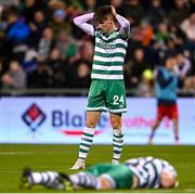 3 November 2023; Johnny Kenny and Rory Gaffney of Shamrock Rovers reacts to a missed attempt on goal during the SSE Airtricity Men's Premier Division match between Shamrock Rovers and Sligo Rovers at Tallaght Stadium in Dublin. Photo by Stephen McCarthy/Sportsfile