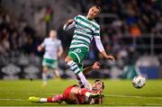 3 November 2023; Graham Burke of Shamrock Rovers is tackled by John Mahon of Sligo Rovers during the SSE Airtricity Men's Premier Division match between Shamrock Rovers and Sligo Rovers at Tallaght Stadium in Dublin. Photo by Seb Daly/Sportsfile