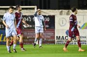 3 November 2023; Paddy Barrett of Shelbourne reacts after Drogheda United's first goal, scored by Kyle Robinson, not pictured, during the SSE Airtricity Men's Premier Division match between Drogheda United and Shelbourne at Weaver's Park in Drogheda, Louth. Photo by Piaras Ó Mídheach/Sportsfile