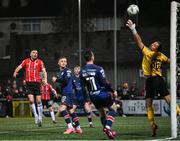 3 November 2023; St Patrick's Athletic goalkeeper Dean Lyness saves a shot at goal by Michael Duffy of Derry City during the SSE Airtricity Men's Premier Division match between Derry City and St Patrick's Athletic at The Ryan McBride Brandywell Stadium in Derry. Photo by Ramsey Cardy/Sportsfile