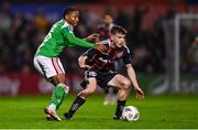 3 November 2023; James McManus of Bohemians in action against Malik Dijksteel of Cork City during the SSE Airtricity Men's Premier Division match between Bohemians and Cork City at Dalymount Park in Dublin. Photo by Tyler Miller/Sportsfile