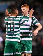 3 November 2023; Graham Burke of Shamrock Rovers, left, celebrates with teammate Rory Gaffney after scoring his side's first goal during the SSE Airtricity Men's Premier Division match between Shamrock Rovers and Sligo Rovers at Tallaght Stadium in Dublin. Photo by Stephen McCarthy/Sportsfile