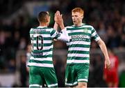 3 November 2023; Graham Burke of Shamrock Rovers, left, celebrates with teammate Rory Gaffney after scoring his side's first goal during the SSE Airtricity Men's Premier Division match between Shamrock Rovers and Sligo Rovers at Tallaght Stadium in Dublin. Photo by Stephen McCarthy/Sportsfile