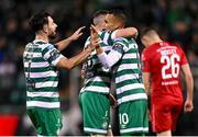 3 November 2023; Graham Burke of Shamrock Rovers, right, celebrates with teammate Gary O'Neill and Richie Towell after scoring his side's first goal during the SSE Airtricity Men's Premier Division match between Shamrock Rovers and Sligo Rovers at Tallaght Stadium in Dublin. Photo by Stephen McCarthy/Sportsfile
