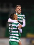 3 November 2023; Dylan Watts of Shamrock Rovers, right, celebrates with teammate Graham Burke after scoring his side's second goal during the SSE Airtricity Men's Premier Division match between Shamrock Rovers and Sligo Rovers at Tallaght Stadium in Dublin. Photo by Stephen McCarthy/Sportsfile