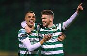 3 November 2023; Dylan Watts of Shamrock Rovers, right, celebrates with teammate Graham Burke after scoring his side's second goal during the SSE Airtricity Men's Premier Division match between Shamrock Rovers and Sligo Rovers at Tallaght Stadium in Dublin. Photo by Stephen McCarthy/Sportsfile