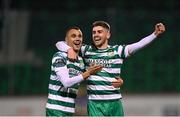 3 November 2023; Dylan Watts of Shamrock Rovers, right, celebrates with teammate Graham Burke after scoring his side's second goal during the SSE Airtricity Men's Premier Division match between Shamrock Rovers and Sligo Rovers at Tallaght Stadium in Dublin. Photo by Stephen McCarthy/Sportsfile