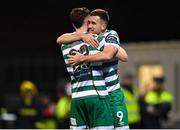 3 November 2023; Aaron Greene of Shamrock Rovers celebrates with teammate Neil Farrugia after scoring his side's third goal during the SSE Airtricity Men's Premier Division match between Shamrock Rovers and Sligo Rovers at Tallaght Stadium in Dublin. Photo by Seb Daly/Sportsfile