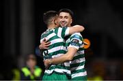 3 November 2023; Aaron Greene of Shamrock Rovers celebrates with teammate Neil Farrugia after scoring his side's third goal during the SSE Airtricity Men's Premier Division match between Shamrock Rovers and Sligo Rovers at Tallaght Stadium in Dublin. Photo by Stephen McCarthy/Sportsfile