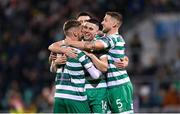 3 November 2023; Dylan Watts of Shamrock Rovers, left, celebrates with teammates including Gary O'Neill, centre, after scoring his side's fourth goal during the SSE Airtricity Men's Premier Division match between Shamrock Rovers and Sligo Rovers at Tallaght Stadium in Dublin. Photo by Seb Daly/Sportsfile