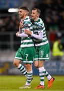3 November 2023; Dylan Watts of Shamrock Rovers, left, celebrates with teammate Sean Kavanagh after scoring his side's fourth goal during the SSE Airtricity Men's Premier Division match between Shamrock Rovers and Sligo Rovers at Tallaght Stadium in Dublin. Photo by Seb Daly/Sportsfile