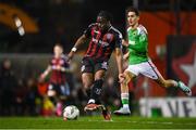 3 November 2023; Jonathan Afolabi of Bohemians shoots to score his side's fourth goal during the SSE Airtricity Men's Premier Division match between Bohemians and Cork City at Dalymount Park in Dublin. Photo by Tyler Miller/Sportsfile