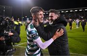 3 November 2023; Shamrock Rovers manager Stephen Bradley and Johnny Kenny of Shamrock Rovers after their side's victory in the SSE Airtricity Men's Premier Division match between Shamrock Rovers and Sligo Rovers at Tallaght Stadium in Dublin. Photo by Seb Daly/Sportsfile