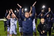 3 November 2023; Shelbourne manager Damien Duff celebrates with his son Woody after his side's victory in the SSE Airtricity Men's Premier Division match between Drogheda United and Shelbourne at Weaver's Park in Drogheda, Louth. Photo by Piaras Ó Mídheach/Sportsfile