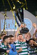 3 November 2023; Shamrock Rovers captain Ronan Finn lifts the SSE Airtricity League Premier Division trophy after the SSE Airtricity Men's Premier Division match between Shamrock Rovers and Sligo Rovers at Tallaght Stadium in Dublin. Photo by Seb Daly/Sportsfile