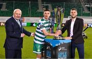 3 November 2023; Shamrock Rovers captain Ronan Finn is presented the SSE Airtricity League Premier Division trophy by FAI President Gerry McAnaney, left, and SSE Airtricity digital media lead Gar Murphy after during the SSE Airtricity Men's Premier Division match between Shamrock Rovers and Sligo Rovers at Tallaght Stadium in Dublin. Photo by Seb Daly/Sportsfile