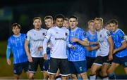 3 November 2023; Samuel Durrant of Dundalk  and Adam Wells of UCD await a corner during the SSE Airtricity Men's Premier Division match between UCD and Dundalk at UCD Bowl in Dublin. Photo by Stephen Marken/Sportsfile