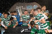 3 November 2023; Shamrock Rovers captain Ronan Finn celebrates with the SSE Airtricity League Premier Division trophy after the SSE Airtricity Men's Premier Division match between Shamrock Rovers and Sligo Rovers at Tallaght Stadium in Dublin. Photo by Stephen McCarthy/Sportsfile