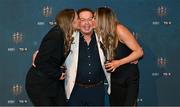 3 November 2023; MC Marty Morrissey with TG4 Intermediate Team of the Championship award winners Chloe Moloney, left, and Fidelma Marrinan, both of Clare during the 2023 TG4 Teams of the Championship awards night at Croke Park in Dublin. Photo by Sam Barnes/Sportsfile