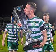 3 November 2023; Ronan Finn of Shamrock Rovers kisses the SSE Airtricity Men's Premier Division trophy after his side's victory in the SSE Airtricity Men's Premier Division match between Shamrock Rovers and Sligo Rovers at Tallaght Stadium in Dublin. Photo by Seb Daly/Sportsfile