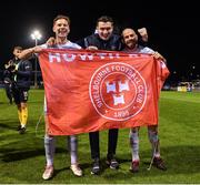 3 November 2023; Shelbourne players, from left, Luke Byrne, Sean Boyd and Mark Coyle after their side's victory in the SSE Airtricity Men's Premier Division match between Drogheda United and Shelbourne at Weaver's Park in Drogheda, Louth. Photo by Piaras Ó Mídheach/Sportsfile