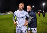 3 November 2023; Paddy Barrett and Kameron Ledwidge of Shelbourne after their side's victory in  the SSE Airtricity Men's Premier Division match between Drogheda United and Shelbourne at Weaver's Park in Drogheda, Louth. Photo by Piaras Ó Mídheach/Sportsfile