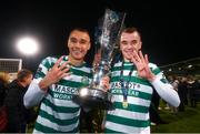 3 November 2023; Graham Burke and Sean Kavanagh of Shamrock Rovers with SSE Airtricity Men's Premier Division trophy after their side's victory in the SSE Airtricity Men's Premier Division match between Shamrock Rovers and Sligo Rovers at Tallaght Stadium in Dublin. Photo by Stephen McCarthy/Sportsfile