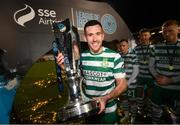 3 November 2023; Aaron Greene of Shamrock Rovers with SSE Airtricity Men's Premier Division trophy after his side's victory in the SSE Airtricity Men's Premier Division match between Shamrock Rovers and Sligo Rovers at Tallaght Stadium in Dublin. Photo by Stephen McCarthy/Sportsfile