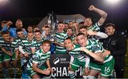 3 November 2023; Shamrock Rovers players celebrate with the SSE Airtricity Men's Premier Division trophy after their side's victory in the SSE Airtricity Men's Premier Division match between Shamrock Rovers and Sligo Rovers at Tallaght Stadium in Dublin. Photo by Stephen McCarthy/Sportsfile