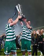 3 November 2023; Gary O'Neill and Ronan Finn of Shamrock Rovers celebrate with the SSE Airtricity Men's Premier Division trophy after the SSE Airtricity Men's Premier Division match between Shamrock Rovers and Sligo Rovers at Tallaght Stadium in Dublin. Photo by Seb Daly/Sportsfile