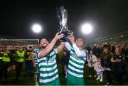 3 November 2023; Richie Towell and Graham Burke of Shamrock Rovers celebrate with the SSE Airtricity Men's Premier Division trophy after their side's victory in the SSE Airtricity Men's Premier Division match between Shamrock Rovers and Sligo Rovers at Tallaght Stadium in Dublin. Photo by Stephen McCarthy/Sportsfile