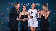 3 November 2023; Clare TG4 Intermediate Team of the Championship Award winners, from left,  Chloe Moloney, Caoimhe Harvey, Síofra Ní Chonaill and Fidelma Marrinan, with their awards, during the 2023 TG4 Teams of the Championship awards night at Croke Park in Dublin. Photo by Sam Barnes/Sportsfile