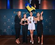 3 November 2023; Clare TG4 Intermediate Team of the Championship Award winners, from left,  Chloe Moloney, Caoimhe Harvey, Síofra Ní Chonaill and Fidelma Marrinan, with their awards, during the 2023 TG4 Teams of the Championship awards night at Croke Park in Dublin. Photo by Sam Barnes/Sportsfile