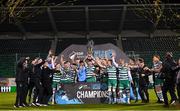 3 November 2023; Shamrock Rovers captain Ronan Finn lifts the SSE Airtricity League Premier Division trophy after during the SSE Airtricity Men's Premier Division match between Shamrock Rovers and Sligo Rovers at Tallaght Stadium in Dublin. Photo by Stephen McCarthy/Sportsfile