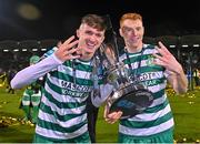 3 November 2023; Johnny Kenny and Rory Gaffney of Shamrock Rovers celebrate with the SSE Airtricity Men's Premier Division trophy after their side's victory in the SSE Airtricity Men's Premier Division match between Shamrock Rovers and Sligo Rovers at Tallaght Stadium in Dublin. Photo by Seb Daly/Sportsfile