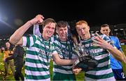 3 November 2023; Daniel Cleary, Johnny Kenny and Rory Gaffney of Shamrock Rovers celebrate with the SSE Airtricity Men's Premier Division trophy after their side's victory in the SSE Airtricity Men's Premier Division match between Shamrock Rovers and Sligo Rovers at Tallaght Stadium in Dublin. Photo by Seb Daly/Sportsfile