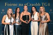 3 November 2023; Kildare TG4 Intermediate Team of the Championship Award winners from left, Lauren Burke, Laoise Lenehan, Neasa Dooley, Grace Clifford and Róisín Byrne, with their awards, during the 2023 TG4 Teams of the Championship awards night at Croke Park in Dublin. Photo by Sam Barnes/Sportsfile