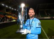 3 November 2023; Shamrock Rovers goalkeeper Alan Mannus celebrates with the SSE Airtricity League Premier Division trophy after the SSE Airtricity Men's Premier Division match between Shamrock Rovers and Sligo Rovers at Tallaght Stadium in Dublin. Photo by Stephen McCarthy/Sportsfile