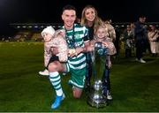 3 November 2023; Ronan Finn of Shamrock Rovers with his partner Jamie and daughters Emmy, left, and Mia celebrates with the SSE Airtricity League Premier Division trophy after the SSE Airtricity Men's Premier Division match between Shamrock Rovers and Sligo Rovers at Tallaght Stadium in Dublin. Photo by Stephen McCarthy/Sportsfile