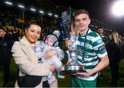 3 November 2023; Sean Gannon of Shamrock Rovers with his wife Kate and son Alfie, aged 5 months, celebrate with the SSE Airtricity League Premier Division trophy after the SSE Airtricity Men's Premier Division match between Shamrock Rovers and Sligo Rovers at Tallaght Stadium in Dublin. Photo by Stephen McCarthy/Sportsfile